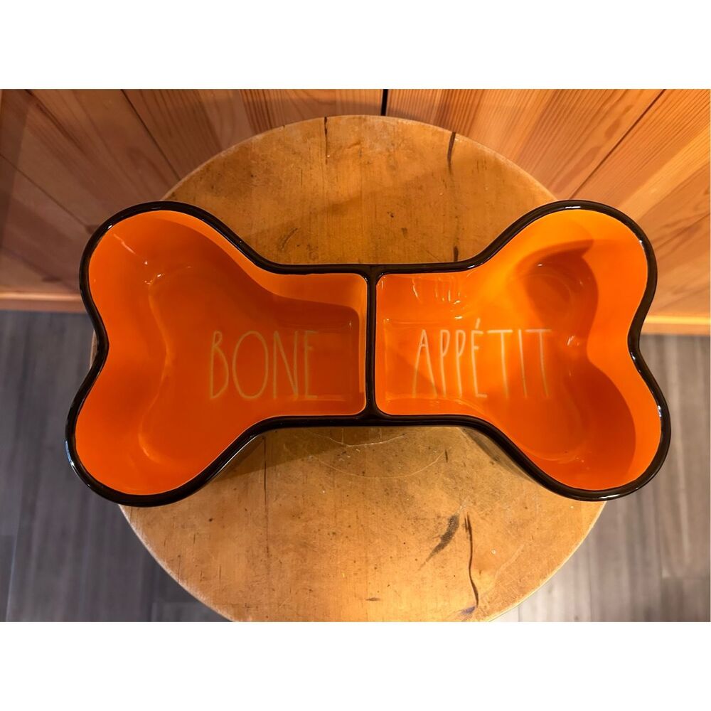 Rae Dunn Artisan Collection Bone Appetit Orange And Black Dog Pet Bowl New in bo